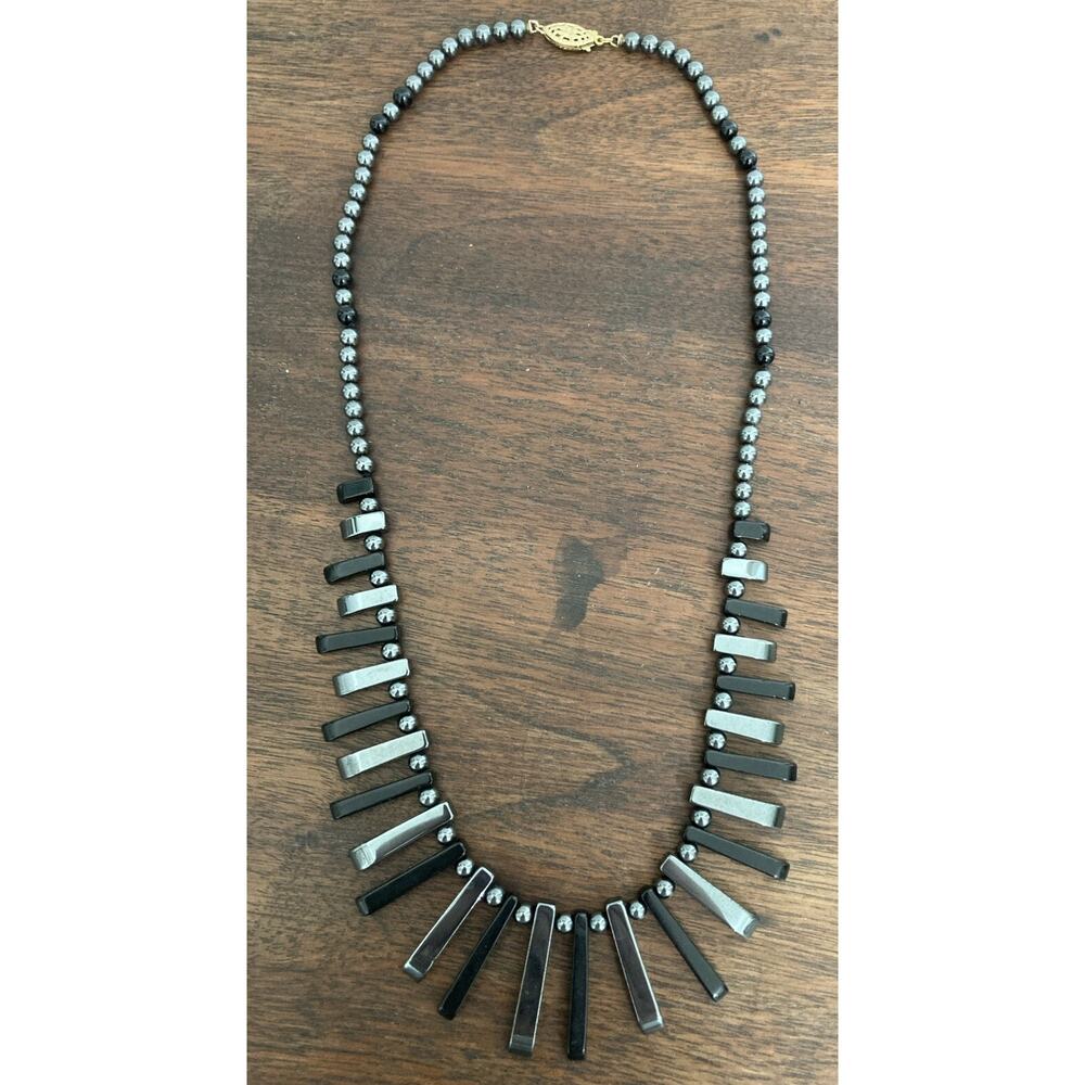 Hematite Fringe Necklace Beads Black Gunmetal 16” beaded Gold Tone Clasp